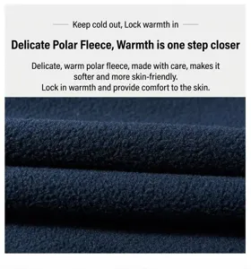 Close-up macro shot showing soft navy blue polar fleece fabric texture of a men's winter jacket