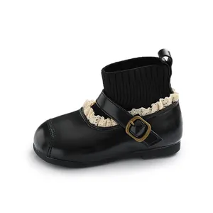 Retro girl's black sock boots with lace trim and buckle, round toe flyknit style