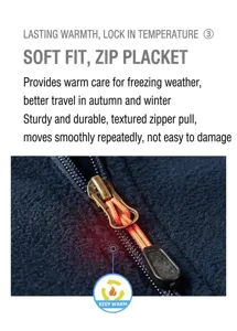 Macro detail of high-quality metal zipper on a warm dark blue polar fleece jacket