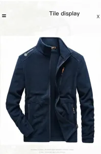 Detailed look at navy blue men's fleece jacket featuring a warm stand collar design