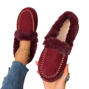 Winter warm burgundy suede flat shoes with plush fur lining and stitching