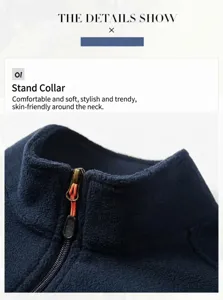 Close-up of navy blue polar fleece jacket stand-up collar and high-quality zipper
