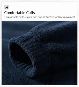 Detailed macro view of the elastic cuff on a navy blue men's warm fleece jacket