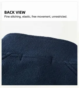 Macro view showing the soft texture and stitching of navy blue polar fleece jacket