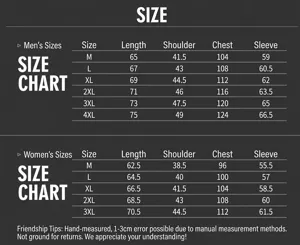 Comprehensive size chart for men's and women's warm polar fleece jackets and coats.