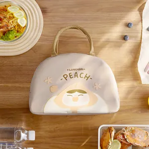 Cute peach cartoon insulated lunch bag, large capacity oxford cloth tote for picnics