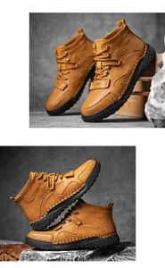 Detalle de botas Martin marrones para hombre con costuras a mano y suela antideslizante