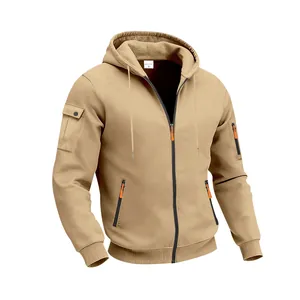 Gedetailleerd overzicht van zware kaki hoodie met ritssluiting en tactische zakken