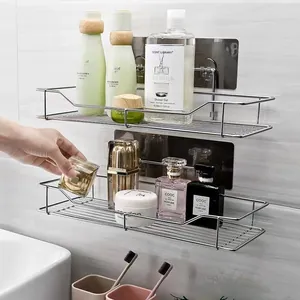 Two-tier rectangular stainless steel wall-mounted bathroom rack with adhesive backing