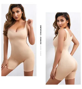 Front and side view of a comfortable seamless beige shapewear bodysuit for women.