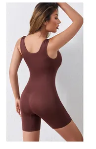 Detail showing the back fit of a seamless brown shapewear bodysuit with butt lifting