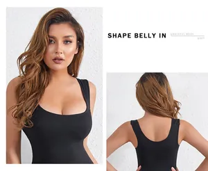 Detailed front and back view of black high-elasticity tummy control shapewear bodysuit