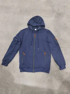 Detailed front view of navy blue heavy fleece zip-up hoodie with orange zipper pulls