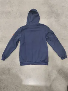 Back view of a navy blue heavyweight fleece zip-up hoodie with cargo sleeve pockets