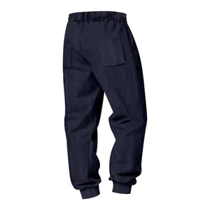 Back view detail of men's navy blue heavy weight cable-knit jacquard casual cuffed joggers
