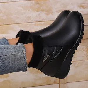 Dames Winter Sleehak Platform Laarzen PU Leer Strass Kunstbont Trim Warm Kort Pluche Voering Casual Schoenen