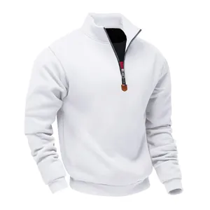 Detailed view of white fleece sweatshirt featuring a stand-up collar and metal zipper.