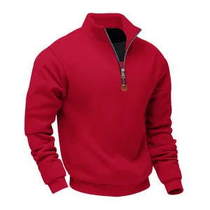 Detailed view of the red heavyweight fleece sweatshirt with a metal half-zip collar.