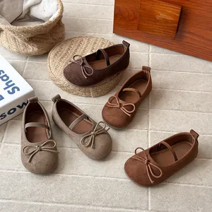 French style matte girls Mary Janes with bow knot and elastic strap