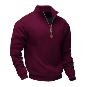 Close-up of heavy fleece quarter-zip sweatshirt showing standing collar and ribbed cuffs