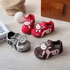 Cute cartoon rabbit children's sneakers in red grey and brown soft sole casual shoes
