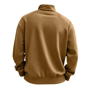 Back view of a heavyweight men's fleece sweatshirt in tan with a stand-up collar.