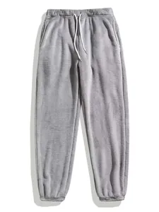 Vooraanzicht van grijze heren winter fleece joggingbroek met een verstelbaar koord