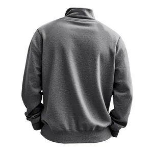 Back view of men's heavy grey fleece sweatshirt with stand collar and ribbed hem