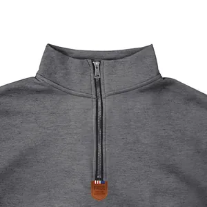 Close-up of a grey fleece sweatshirt featuring a metal half-zip and a stand collar.
