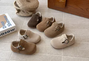 Cozy fleece-lined children's retro T-strap shoes in various earth tones and soft soles