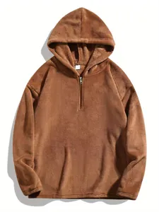Felpa con cappuccio in pile marrone con mezza zip da uomo, ideale per l'autunno e l'inverno