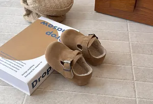 Cozy brown suede children's fleece-lined T-strap shoes with vintage buckle detail