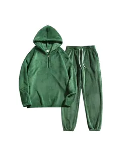 Groene fleece hoodie en joggingbroek tweedelige set voor heren voor de herfst en de winter