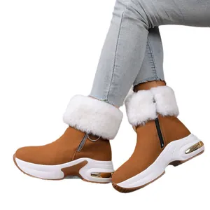 Stylish brown women's snow boots with thick white fur collar and platform soles for winter.