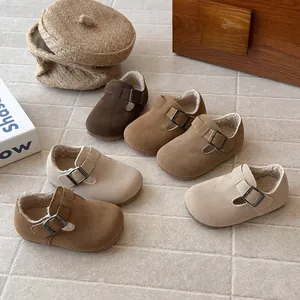 Retro children's fleece-lined T-strap shoes in various earth tones for fall and winter