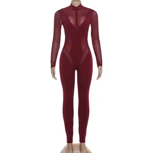 Elegante mono burdeos de manga larga con retazos de malla, detalles transparentes y cuello