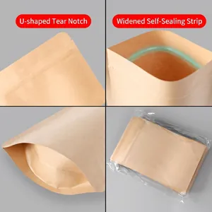 Durable thick kraft paper stand-up pouches featuring a wide ziplock for food storage