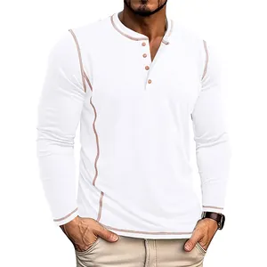 Chemise Henley classique à manches longues blanche pour homme avec patte à quatre boutons