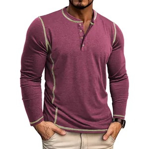 T-shirt Henley bordeaux pour homme, manches longues, surpiqûres vertes et 4 boutons