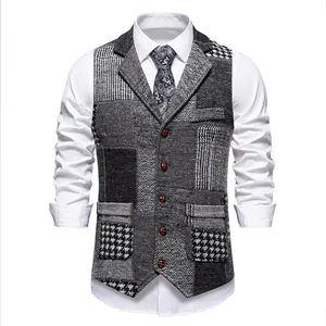 Gilet rétro pour homme avec patchwork chic, revers et motif pied-de-poule classique