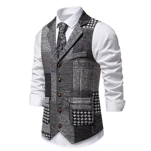 Gilet de costume vintage en tweed patchwork pour homme avec col revers et boutons