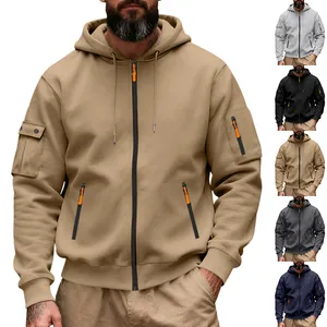 Detail view of men's heavy fleece zip-up hoodie with multiple colors and cargo pockets