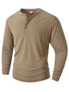 T-shirt Henley à manches longues pour hommes avec détails de coutures orange contrastées
