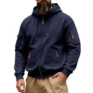 Detail of navy blue heavy fleece zip-up hoodie with orange accents and sleeve pocket