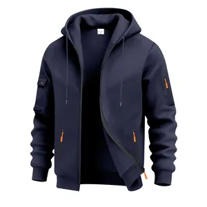 Detail of men's navy blue heavy fleece zip-up hoodie with utility sleeve pocket.