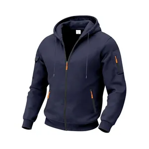 Close-up detail of navy blue heavy fleece zip-up hoodie with vibrant orange zipper accents