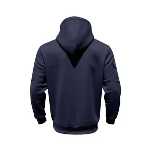 Detailed back view of navy blue heavy fleece hoodie with sleeve pocket and ribbed hem
