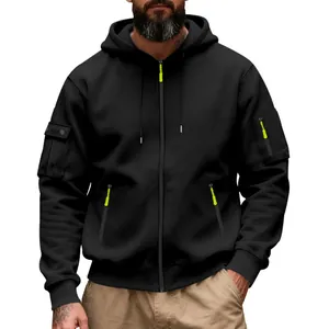 Men's heavy fleece zip-up hoodie with tactical utility pockets in black