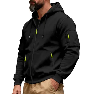 Detailed side view of black heavy fleece zip-up hoodie featuring a tactical arm pocket