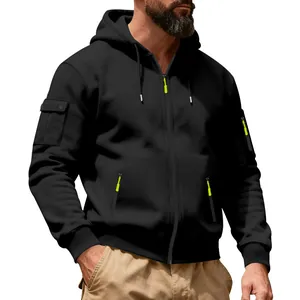 Close-up of men's heavy fleece zip-up hoodie with cargo pocket details